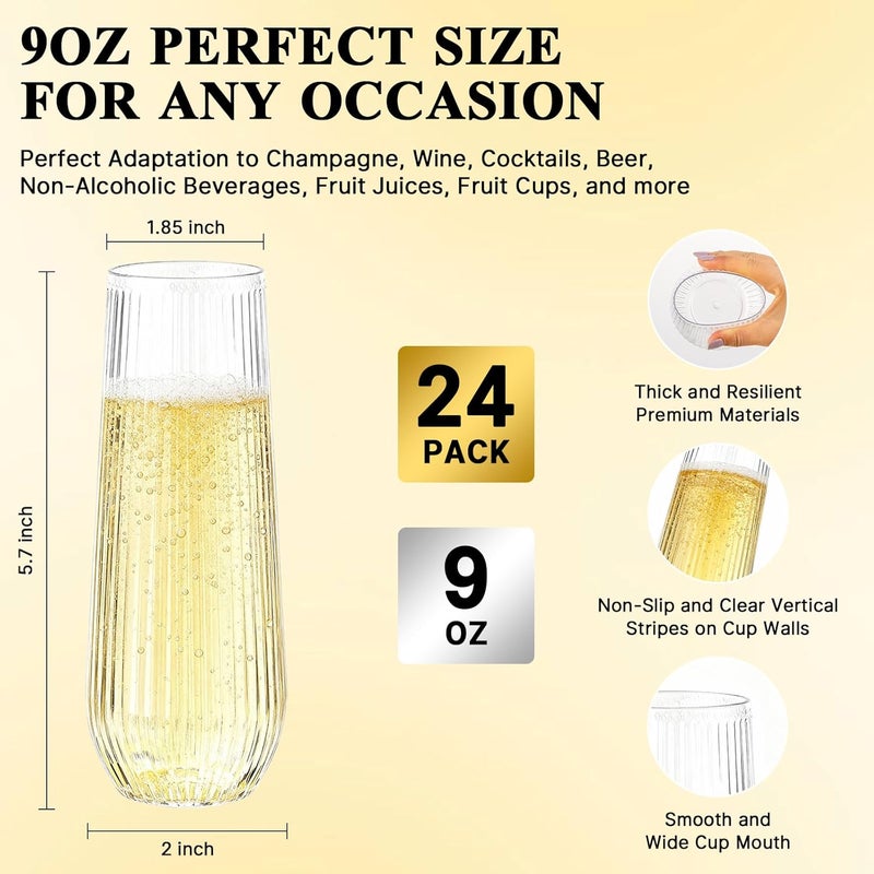 Goodluck 24pack Clear Disposable Champagne Flutes，9oz Stemless Champagne Flutes,Stemless Disposable Clear Plastic Toasting Glasses for Weddings, Birthday Parties, Family Gatherings, Bars etc - Image 3